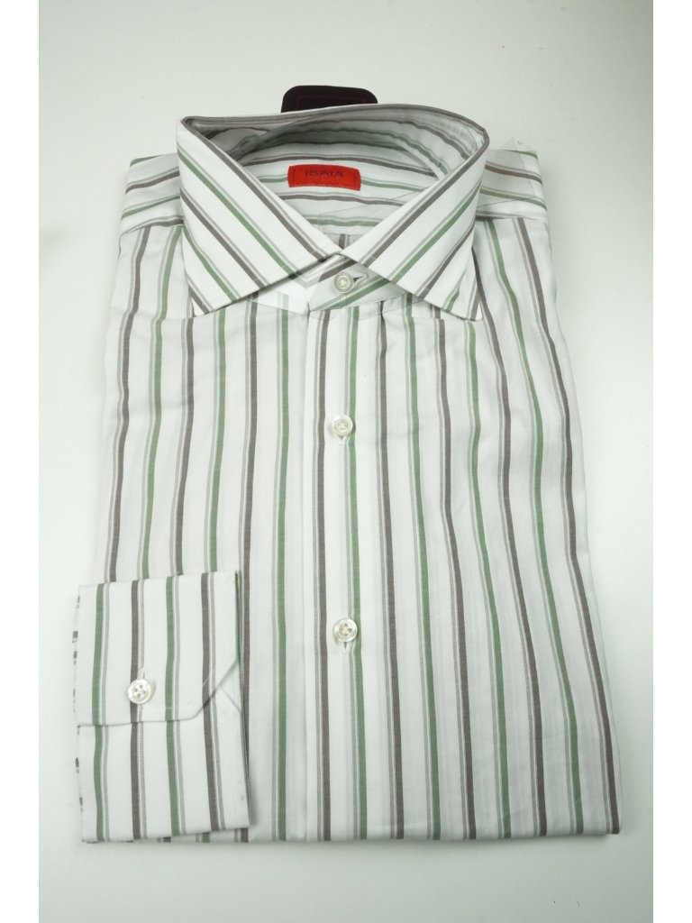 Isaia Olive White Walnut Striped Long Sleeve Cotton Dress Shirt 15.5/39 New